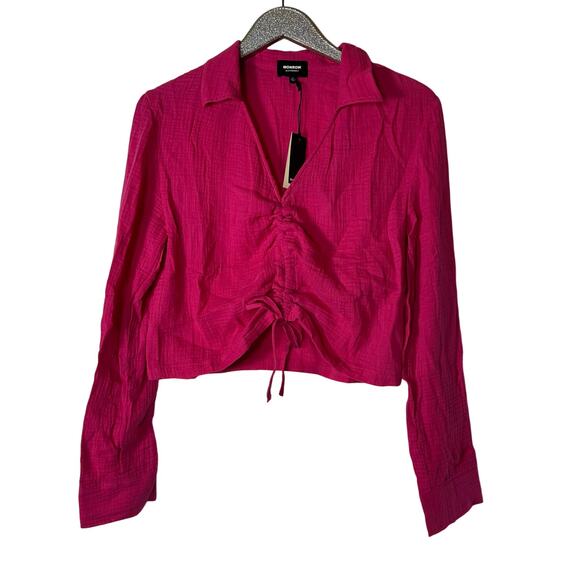 Monrow Tops - Monrow Pink Gauzy Organic Cotton V Neck Long Sleeve Ruched Top